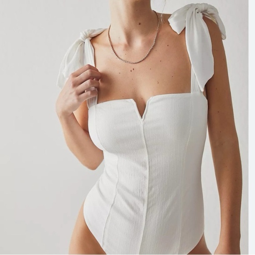 Free People White Bow Strap Bodysuit